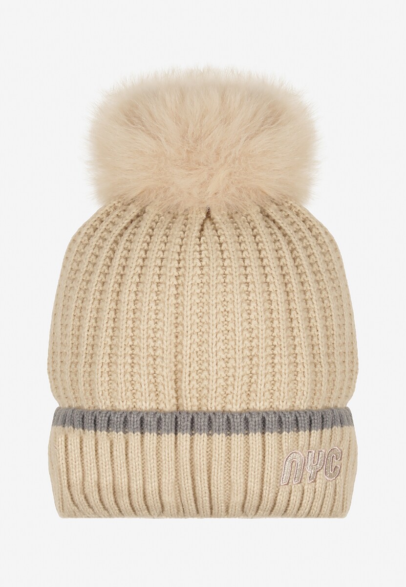 Beżowa Prążkowana Czapka z Pomponem Edavira