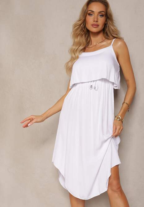 Biała Sukienka z Wiskozy na Regulowanych Ramiączkach z Falbanką Quirala