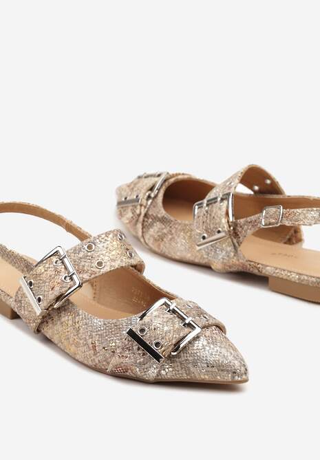 Złote Sandały Typu Slingback z Ozdobnymi Klamrami Tathelis