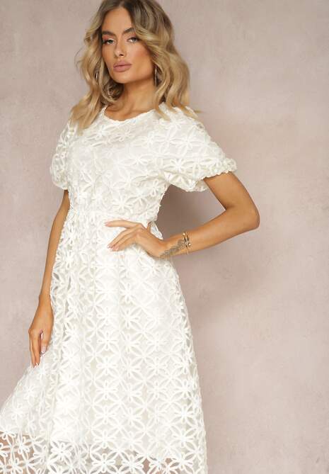 Beżowa Sukienka z Tiulem we Wzory o Rozkloszowanym Fasonie Zorbia