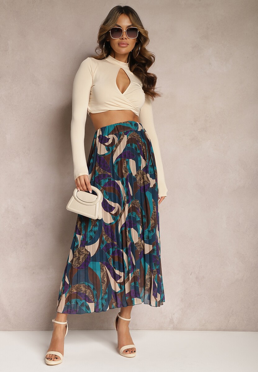 Fioletowo-Niebieska Długa Spódnica Plisowana w Abstrakcyjny Malarski Wzór Ariamitta