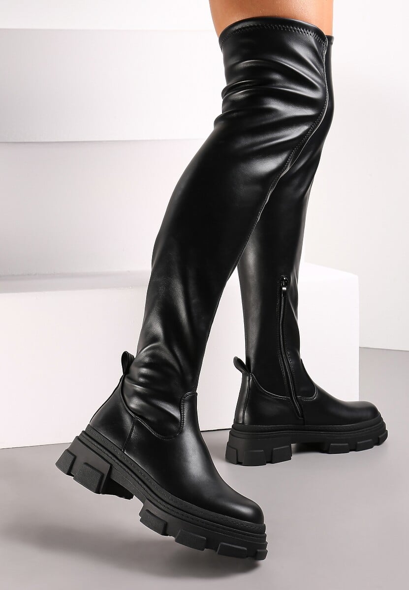 Czarne Kozaki Workery z Dopasowaną Cholewką za Kolano Kolfrida