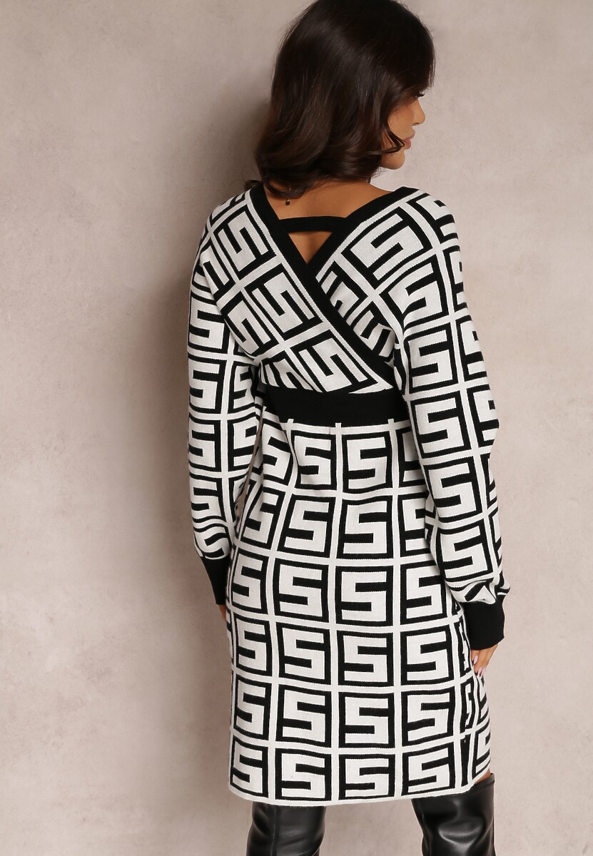 Biała Sukienka Wełniana w Geometryczny Wzór Hamu