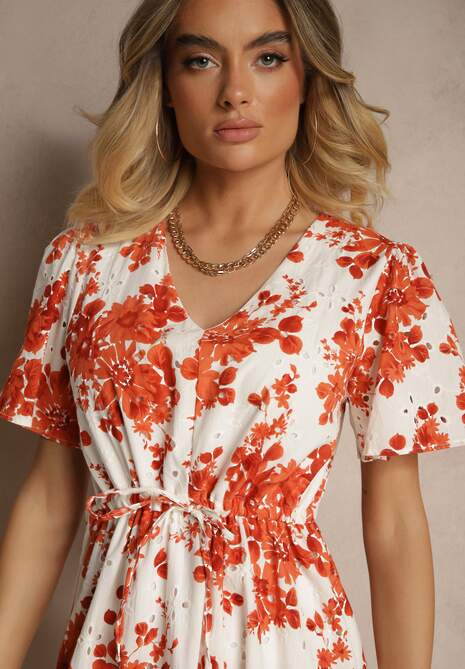 Pomarańczowa Bawełniana Sukienka Rozkloszowana Ażurowa w Kwiatowy Print Velbia
