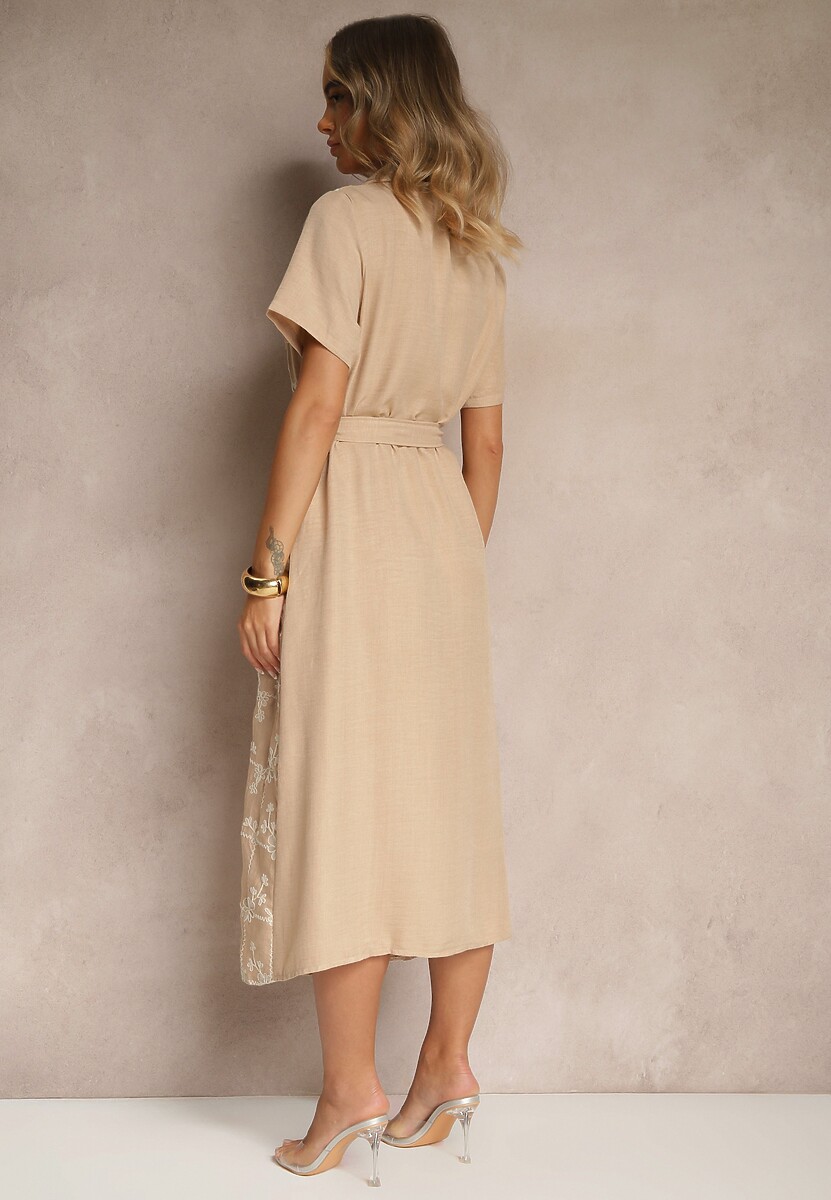 Beżowa Koszulowa Sukienka z Wiązanym Paskiem Zdobiona Haftem Malinnessa