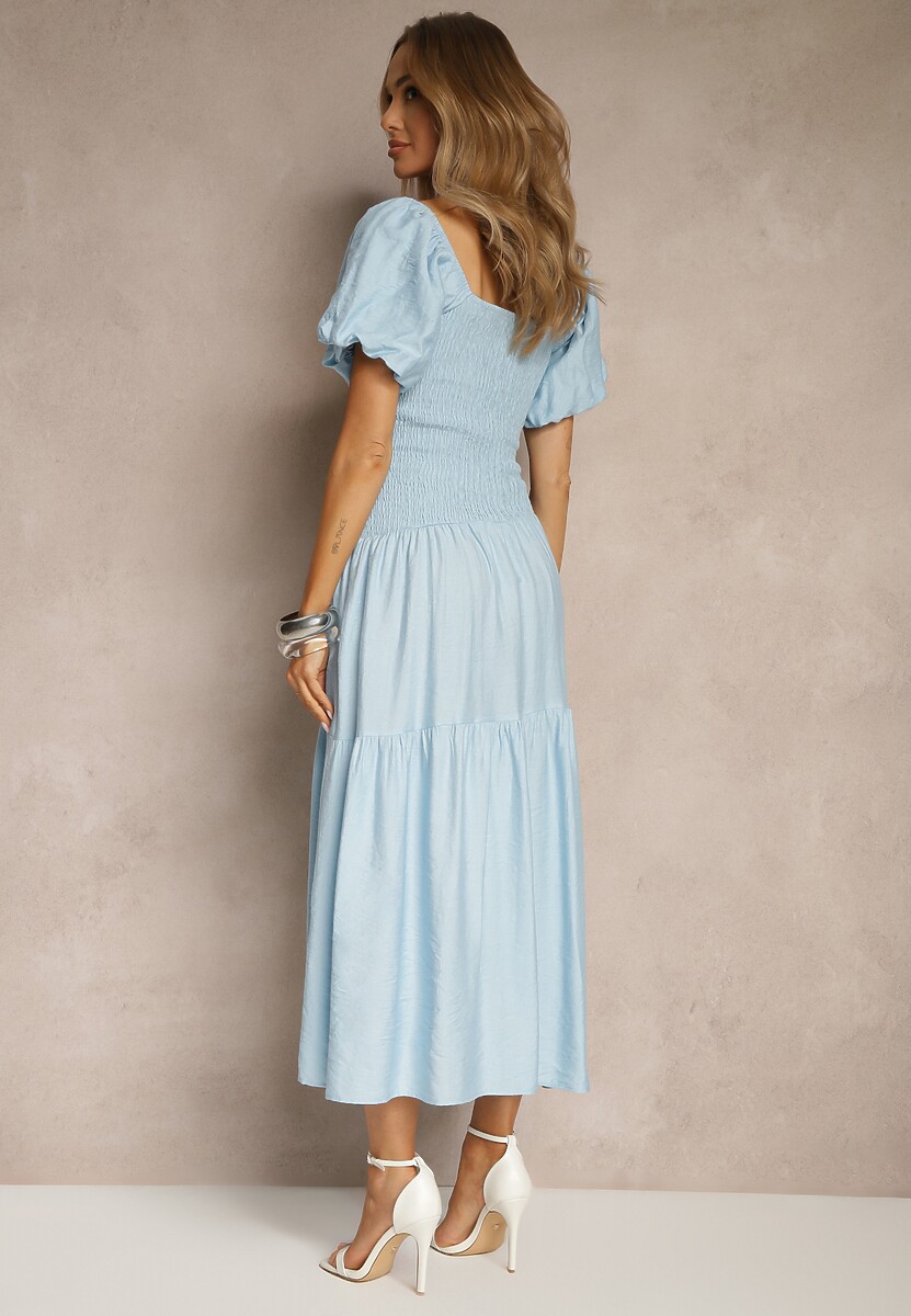 Niebieska Sukienka Wiskozowa Drapowana z Rozkloszowanym Dołem Naprine