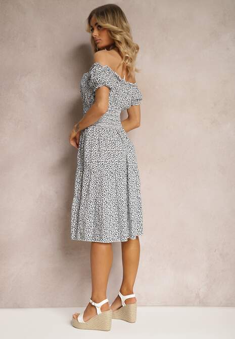 Biało-Granatowa Kwiecista Sukienka z Bawełny z Gumkami w Pasie Herata