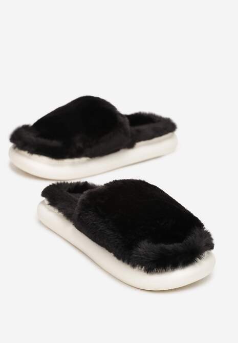Czarne Kapcie Futrzane z Szerokim Paskiem Cedory