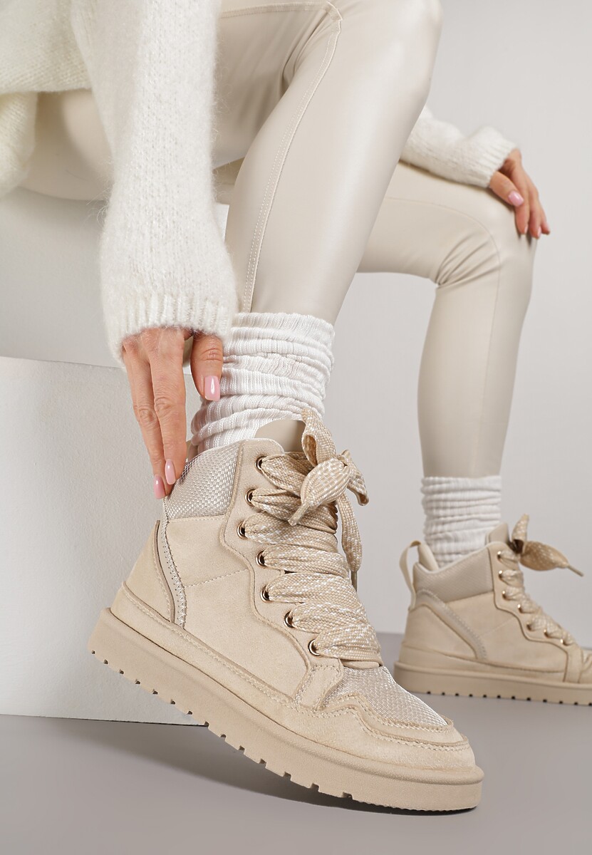 Beżowe Sneakersy Ozdobione Sznurówkami w Geometryczny Wzór Avoslia