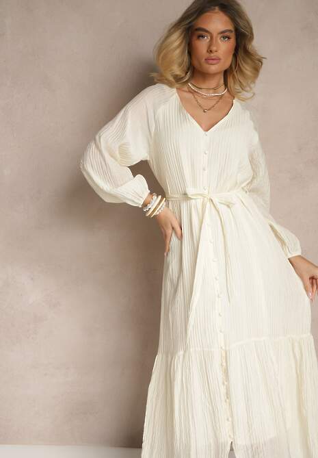 Jasnobeżowa Sukienka z Wiskozy Taliowana z Rozkloszowanym Dołem o Koszulowym Kroju Emlio