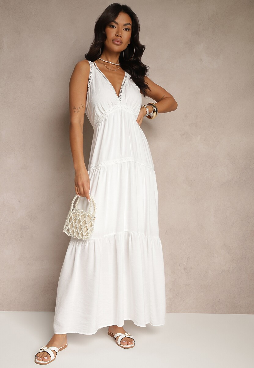 Biała Sukienka z Wiskozą Ozdobiona Szydełkowym Motywem Mevelta