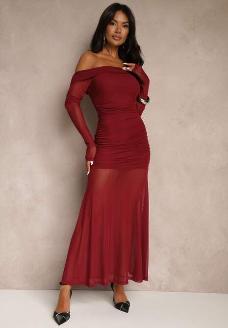 Bordowa Koktajlowa Sukienka z Prześwitującymi Rękawami i Marszczeniem Haludea