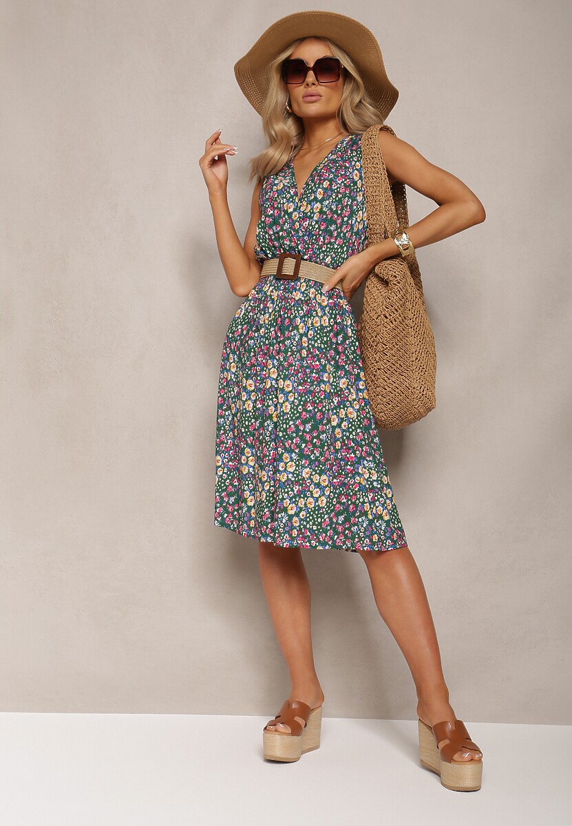 Czarno-Żółta Rozkloszowana Sukienka z Wiskozy Midi w Kwiaty z Kopertową Górą Pervia