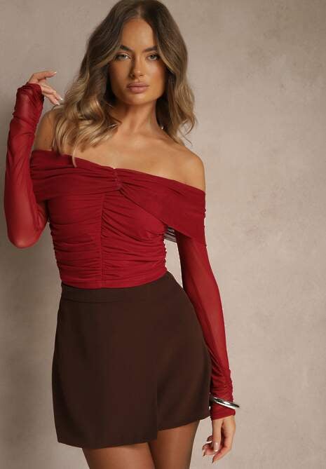 Bordowa Drapowana Bluzka VICES z Odkrytymi Ramionami i Siateczkowymi Rękawami Atevite