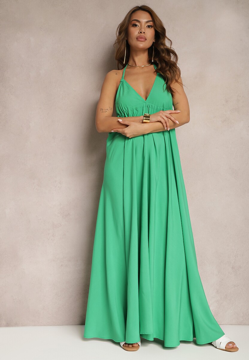 Zielona Rozkloszowana Sukienka Wiązana na Szyi i Plecach z Wiskozy Weilin