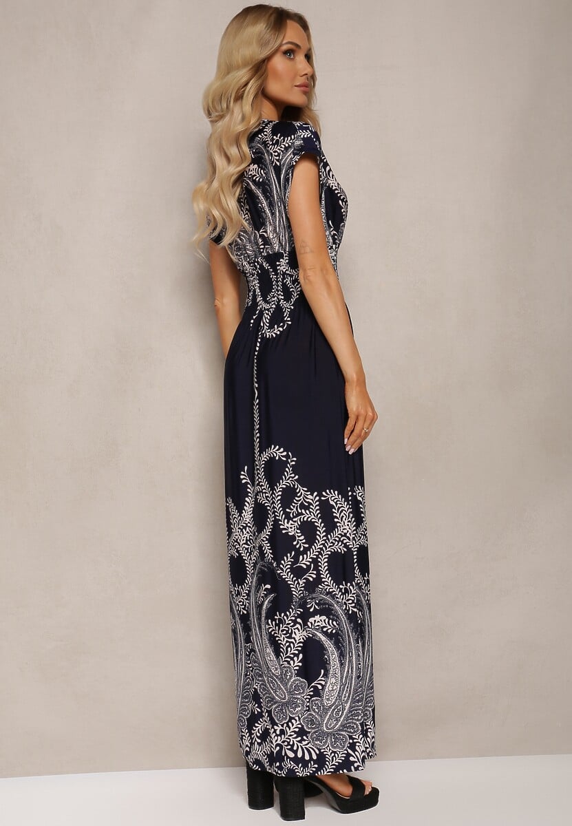 Granatowa Sukienka w Ornamentalny Wzór z Gumką w Talii i Kopertowym Dekoltem Lamera