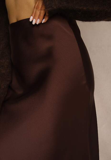 Brązowa Spódnica z Satyny Zdobiona Koronką Marefera