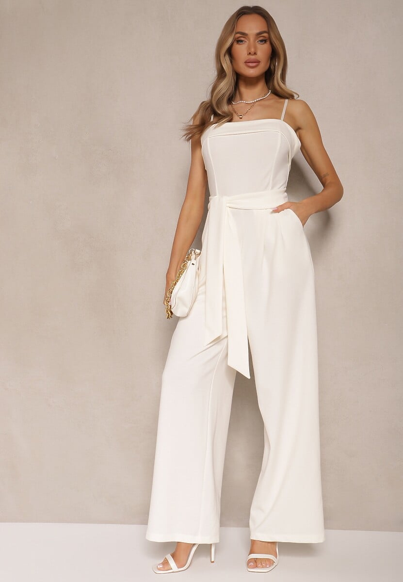 Jasnobeżowy Taliowany Kombinezon z Paskiem Desine