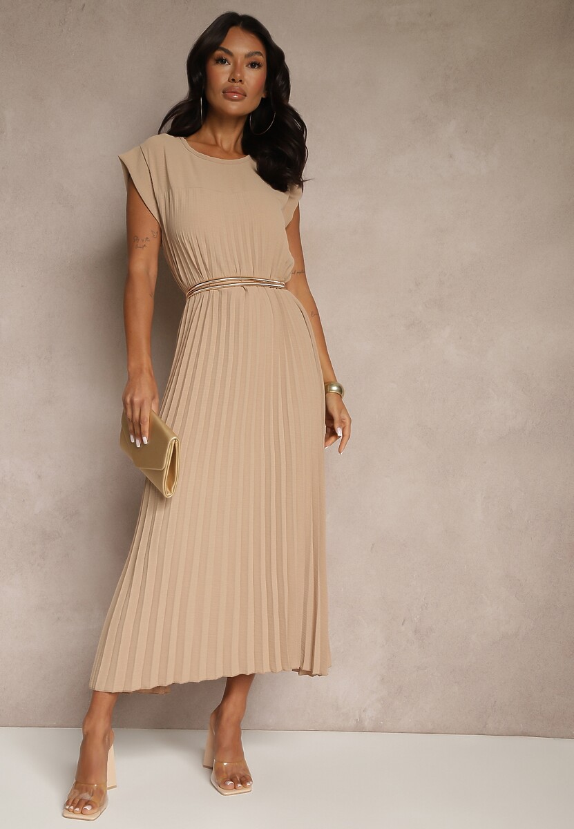 Beżowa Sukienka Ozdobiona Plisami Mavellea