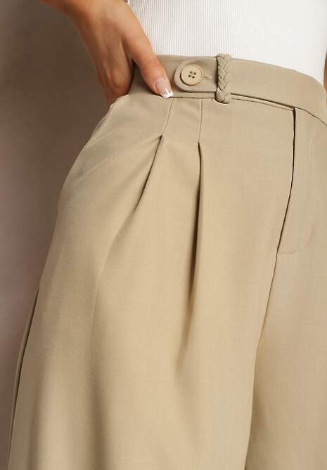 Beżowe Spodnie Garniturowe z Szerokimi Nogawkami Vikinne