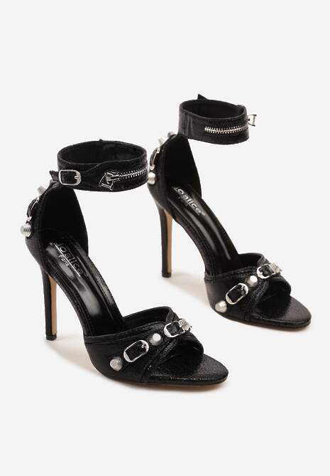 Czarne Sandały na Szpilce z Ozdobnym Suwakiem i Metalicznymi Klamrami Zefine