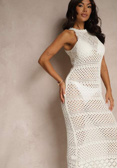 Jasnobeżowa Ażurowa Sukienka o Taliowanym Kroju Bez Rękawów Tialiera