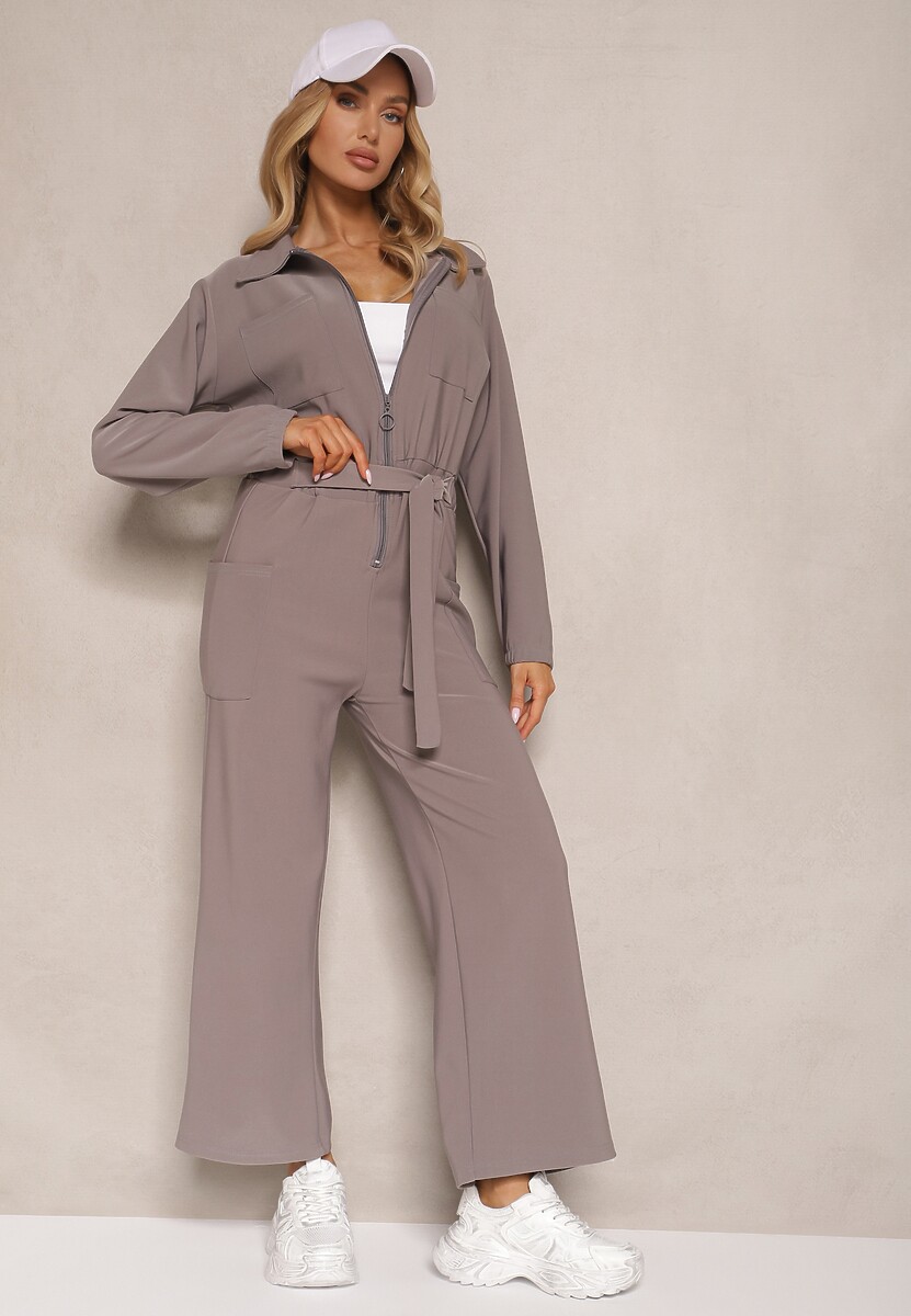 Szary Kombinezon z Elastyczną Gumką w Pasie z Dodatkowym Wiązaniem o Luźnym Kroju Creera