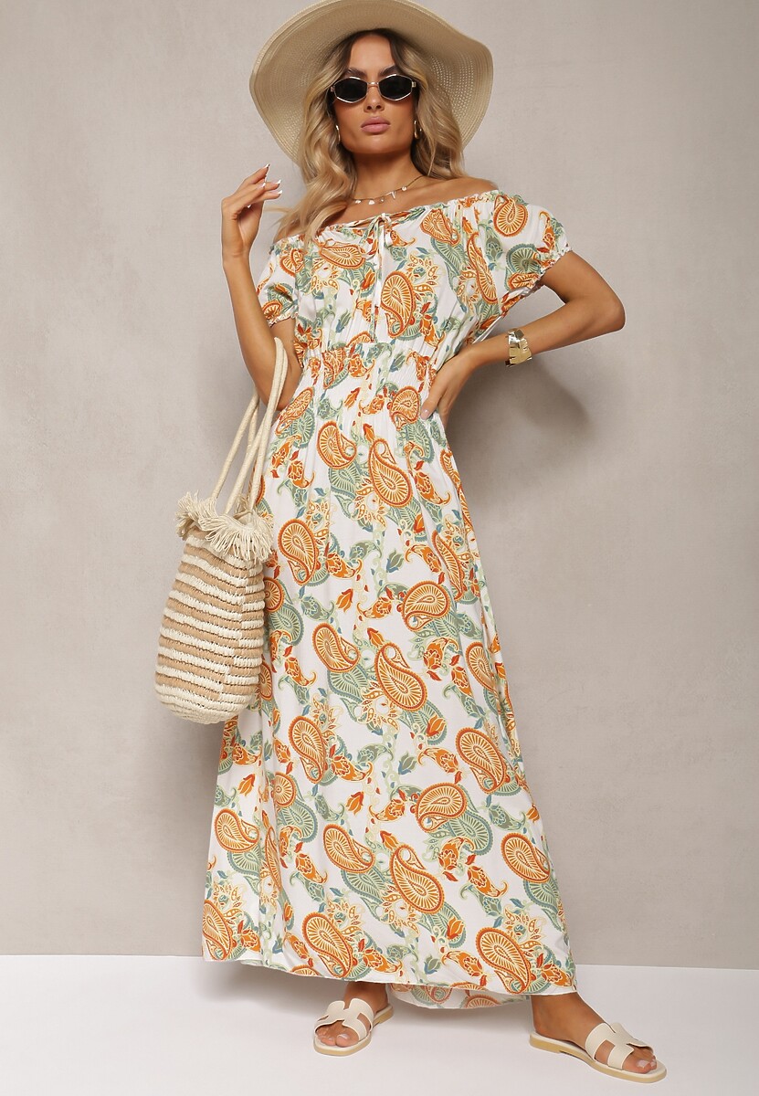 Biało-Pomarańczowa Sukienka z Bawełny z Gumką w Talii Baletta