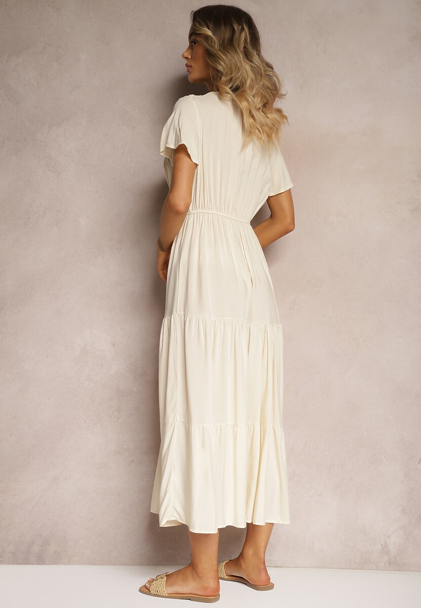 Jasnobeżowa Sukienka z Wiskozy o Rozkloszowanym Kroju z Falbanami Jonmy