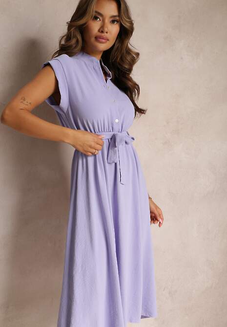 Fioletowa Sukienka Midi z Guzikami i Materiałowym Paskiem Nylalik