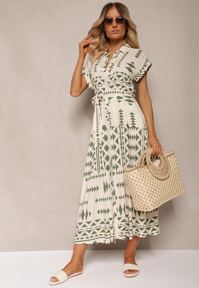 Beżowo-Zielona Taliowana Sukienka z Wiskozy z Materiałowym Paskiem w Talii Nasiona