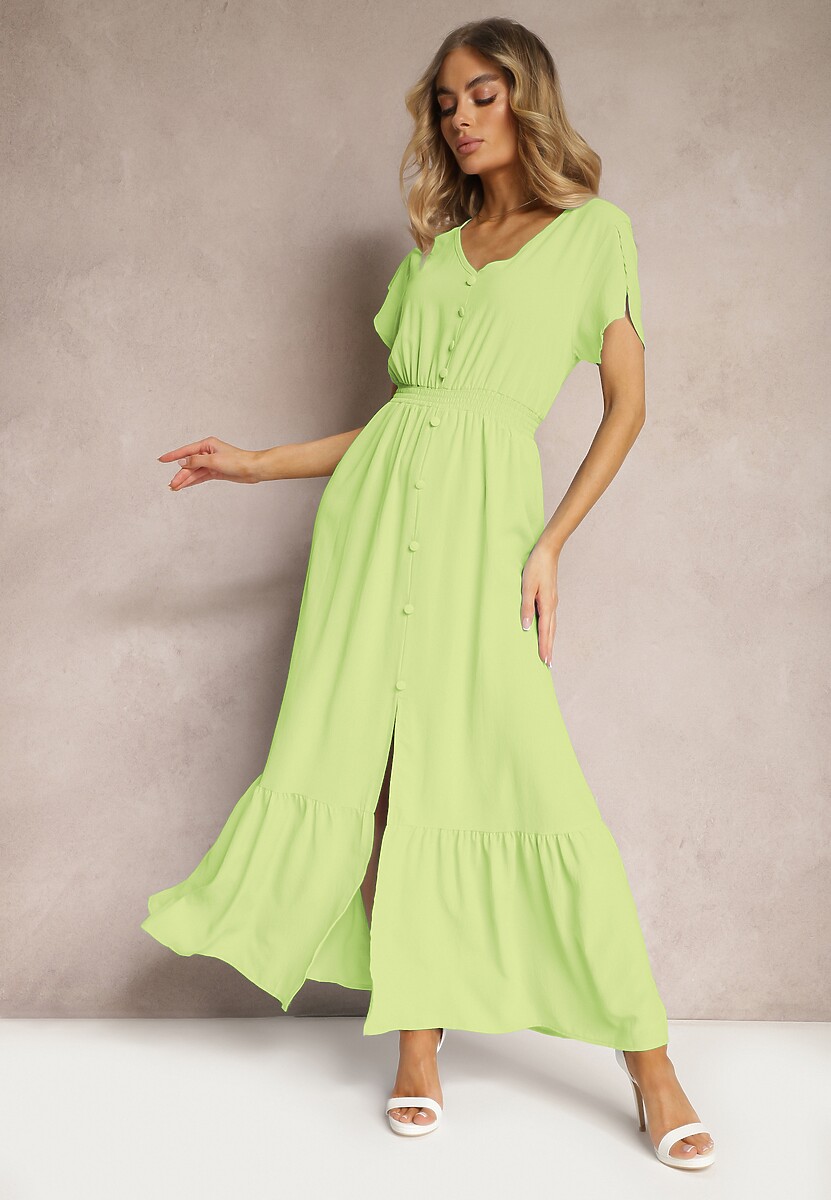 Jasnoniebieska Rozkloszowana Sukienka z Gumkami w Talii z Guzikami i Rozcięciem Gafia