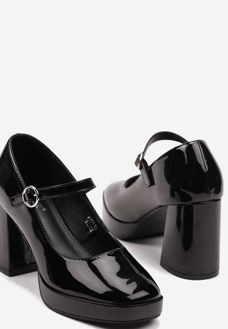 Czarne Półbuty Lakierowane na Słupku Wykończone Sprzączką Nevitrea