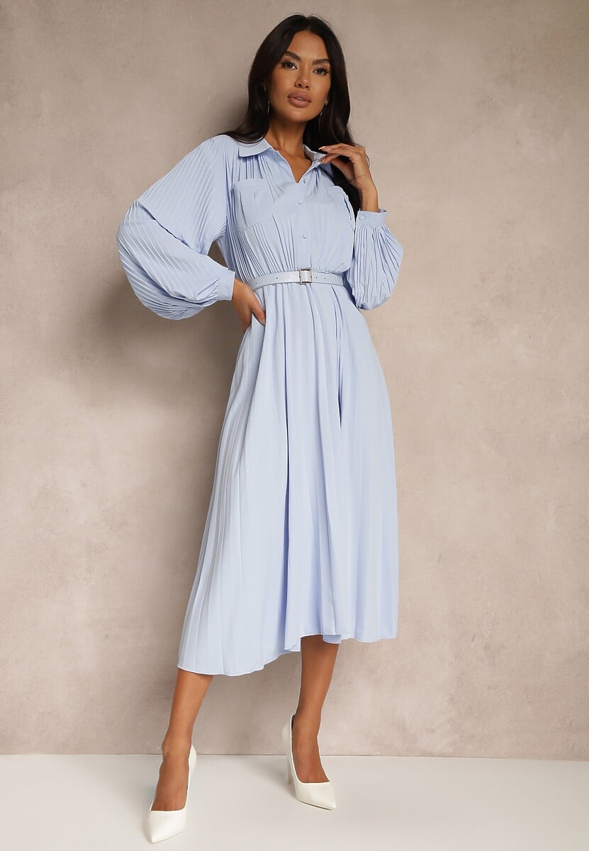 Pomarańczowa Rozkloszowana Sukienka Midi z Guzikami i Paskiem Ozdobiona Plisowaniem Lathori