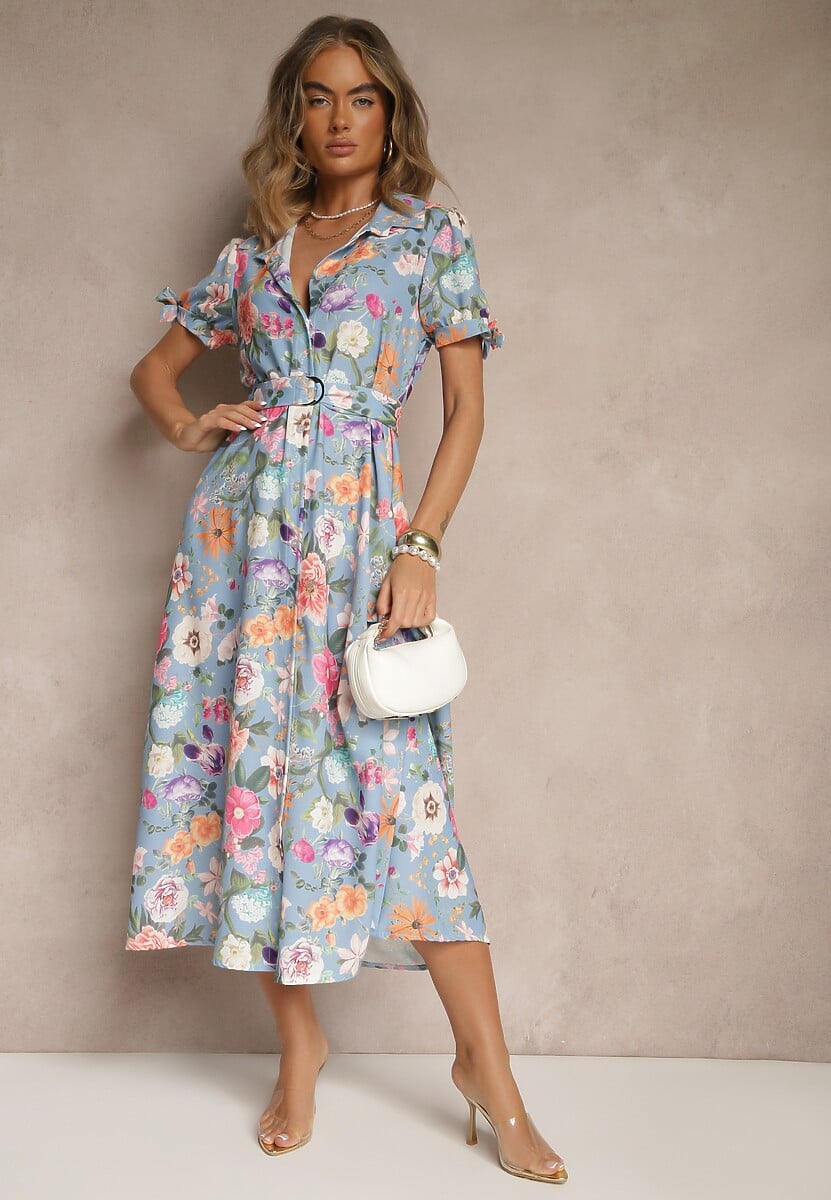 Jasnoniebieska Koszulowa Sukienka w Kwiaty o Rozkloszowanym Fasonie z Paskiem Fevalirra
