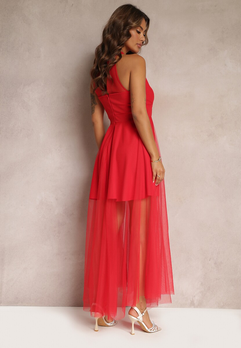 Czerwona Maxi Sukienka o Rozkloszowanym Fasonie z Długim Tiulem i Ozdobnymi Cyrkoniami Amorah