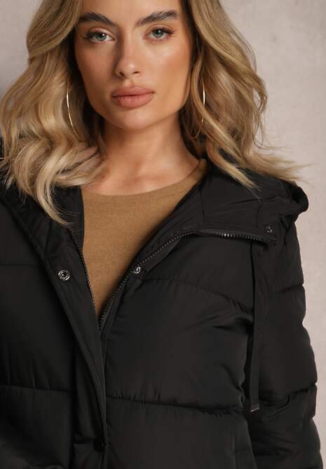 Czarna Długa Kurtka Pikowana Płaszcz z Kapturem Samonira