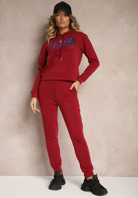 Bordowy Ocieplany Komplet Dresowy Bawełniany Spodnie Joggery i Bluza Zdobiona Nadrukiem Filoira