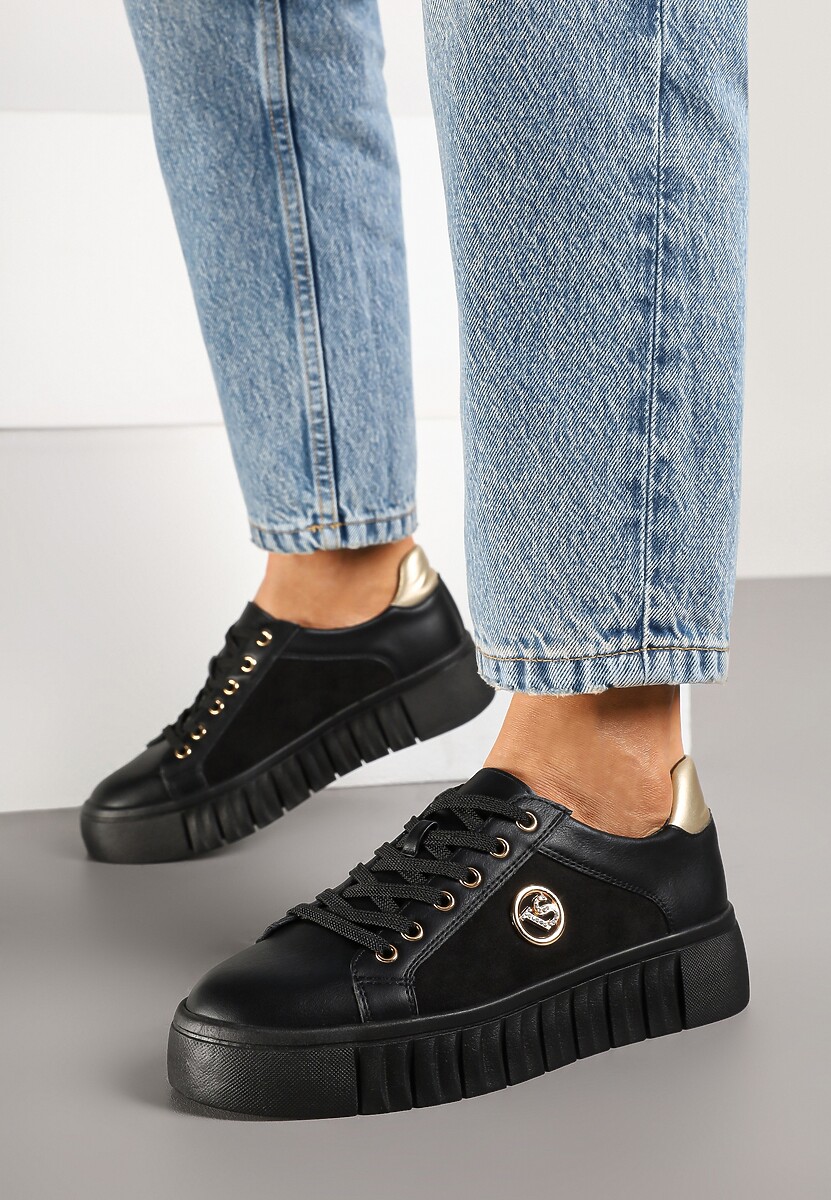 Czarno-Złote Sznurowane Sneakersy Vices na Platformie z Tłoczeniem i Metaliczną Aplikacją Lavfedi