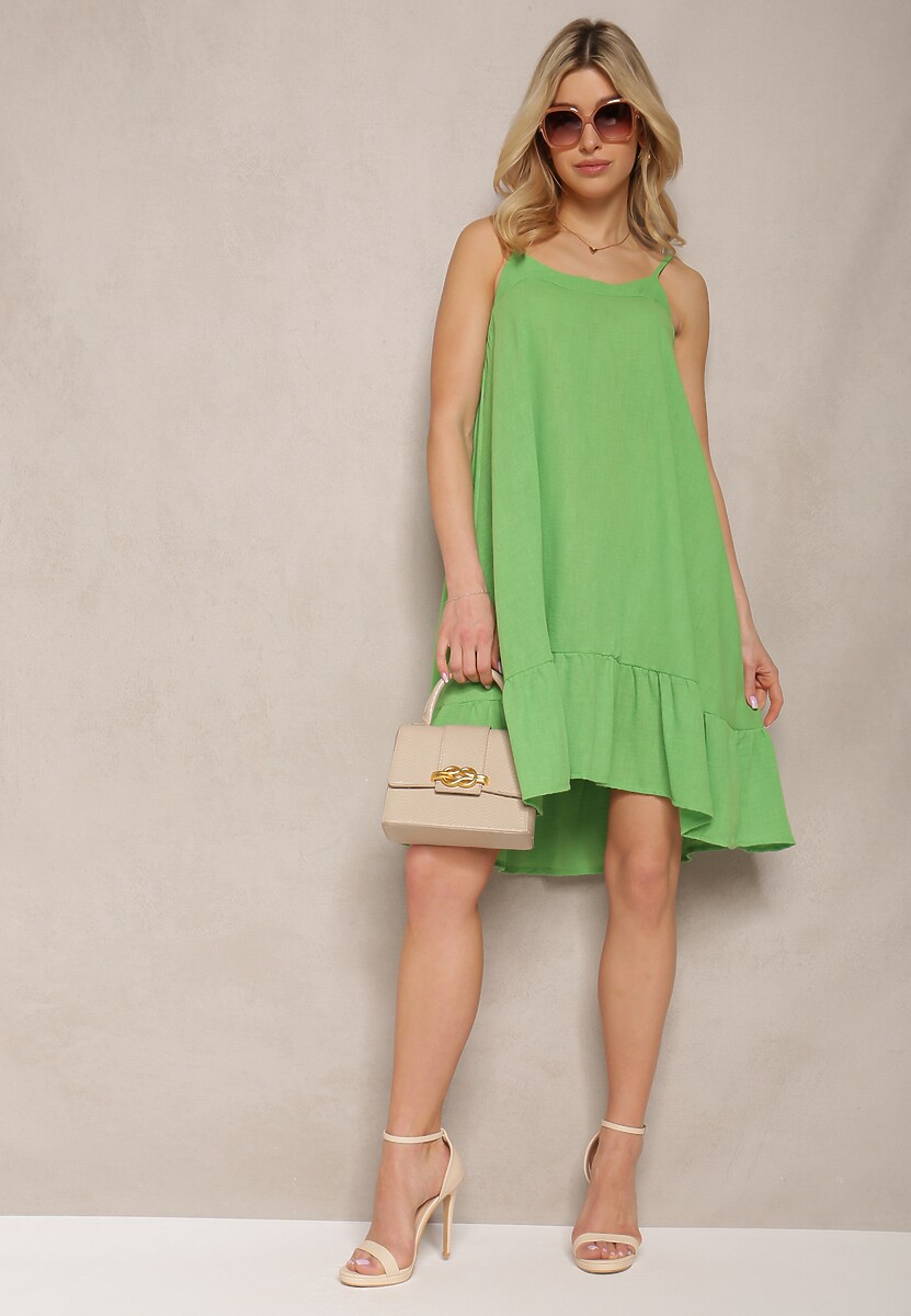 Jasnozielona Sukienka na Ramiączkach o Rozkloszowanym Kroju z Wiązaniem z Tyłu i Falbanką Palara