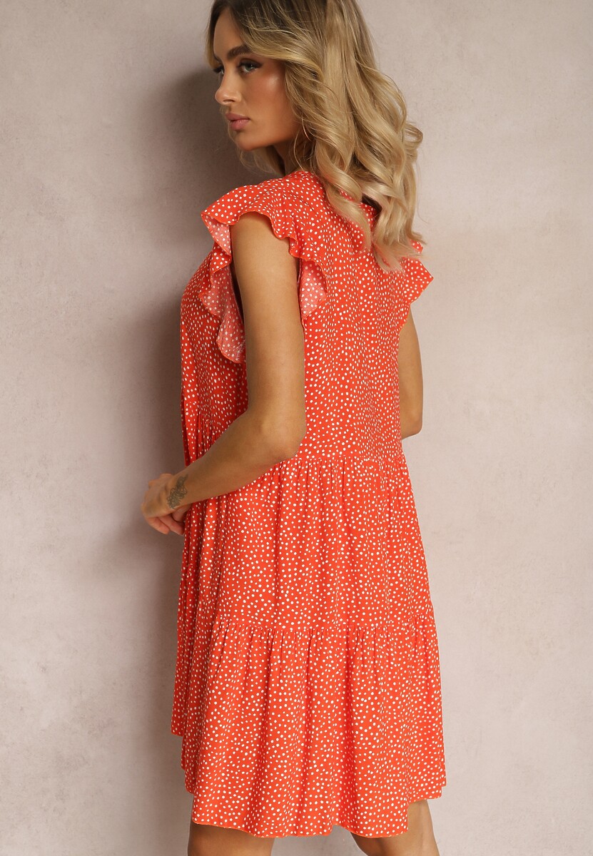 Pomarańczowa Rozkloszowana Sukienka z Bawełny w Kropki z Trójkątnym Dekoltem Riessa