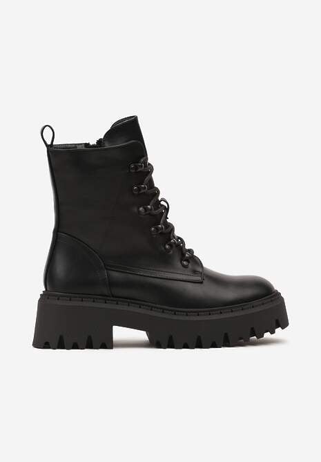 Czarne Ocieplane Botki Workery na Płaskiej Podeszwie ze Sznurowaniem Berilea