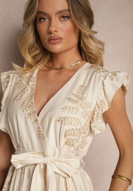 Beżowa Sukienka z Wiskozy z Ozdobnym Haftem i Metaliczną Nicią Grelvesa