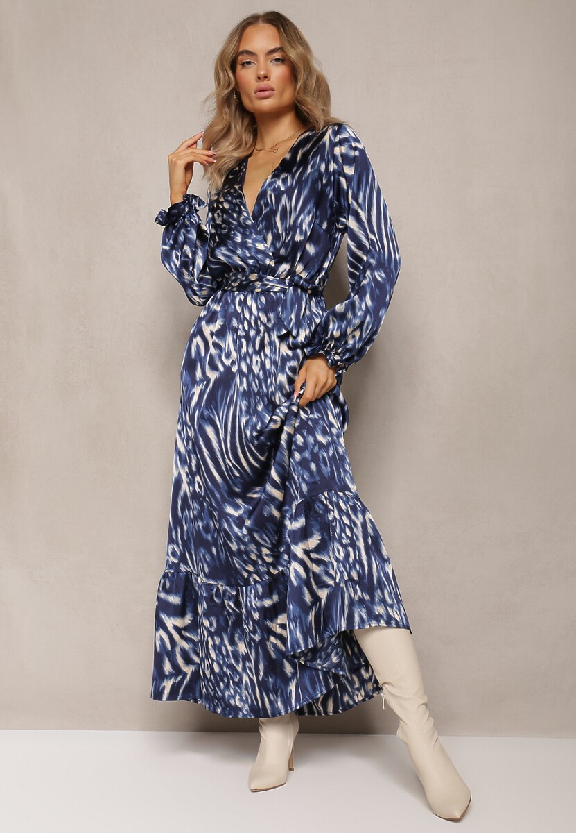 Granatowo-Niebieska Rozkloszowana Sukienka z Gumką w Talii i Kopertowym Dekoltem Janiis