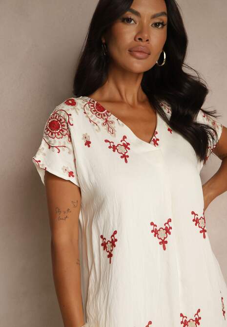 Biało-Czerwona Sukienka z Wiskozy ze Wzorem w Stylu Etno Meluriela