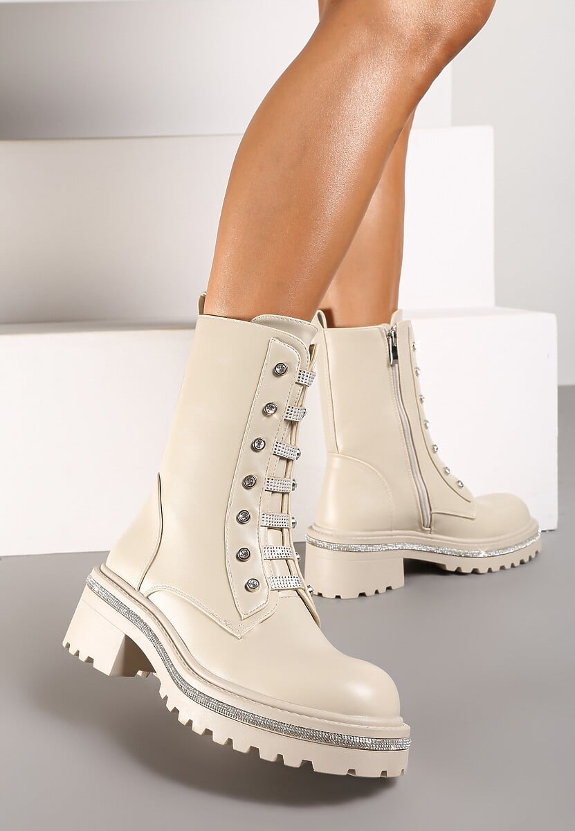 Beżowe Botki Workery na Platformie Ozdobione Cyrkoniami Zinetta