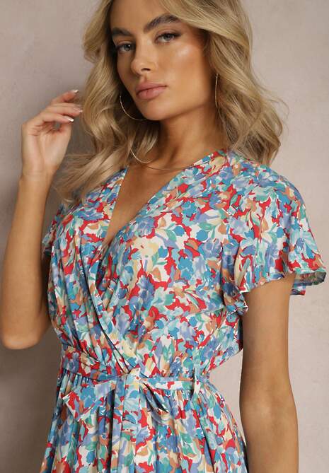 Niebiesko-Czerwona Wiskozowa Sukienka w Kwiaty z Kopertowym Dekoltem Tienn