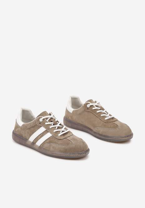Ciemnobeżowe Płaskie Sneakersy ze Skóry Naturalnej z Ozdobnymi Paskami Nelarielis