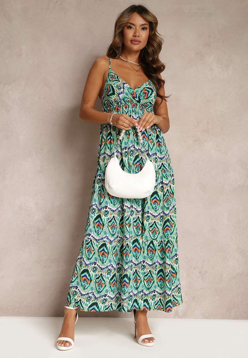 Zielona Wiskozowa Sukienka na Ramiączkach z Gumką w Pasie i Głębokim Dekoltem Konille