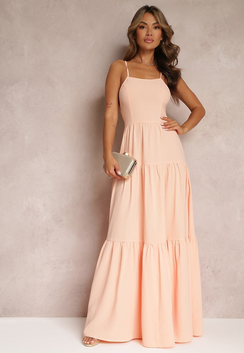 Pomarańczowa Rozkloszowana Maxi Sukienka z Falbankami i Wiązaniem na Tyle Karins